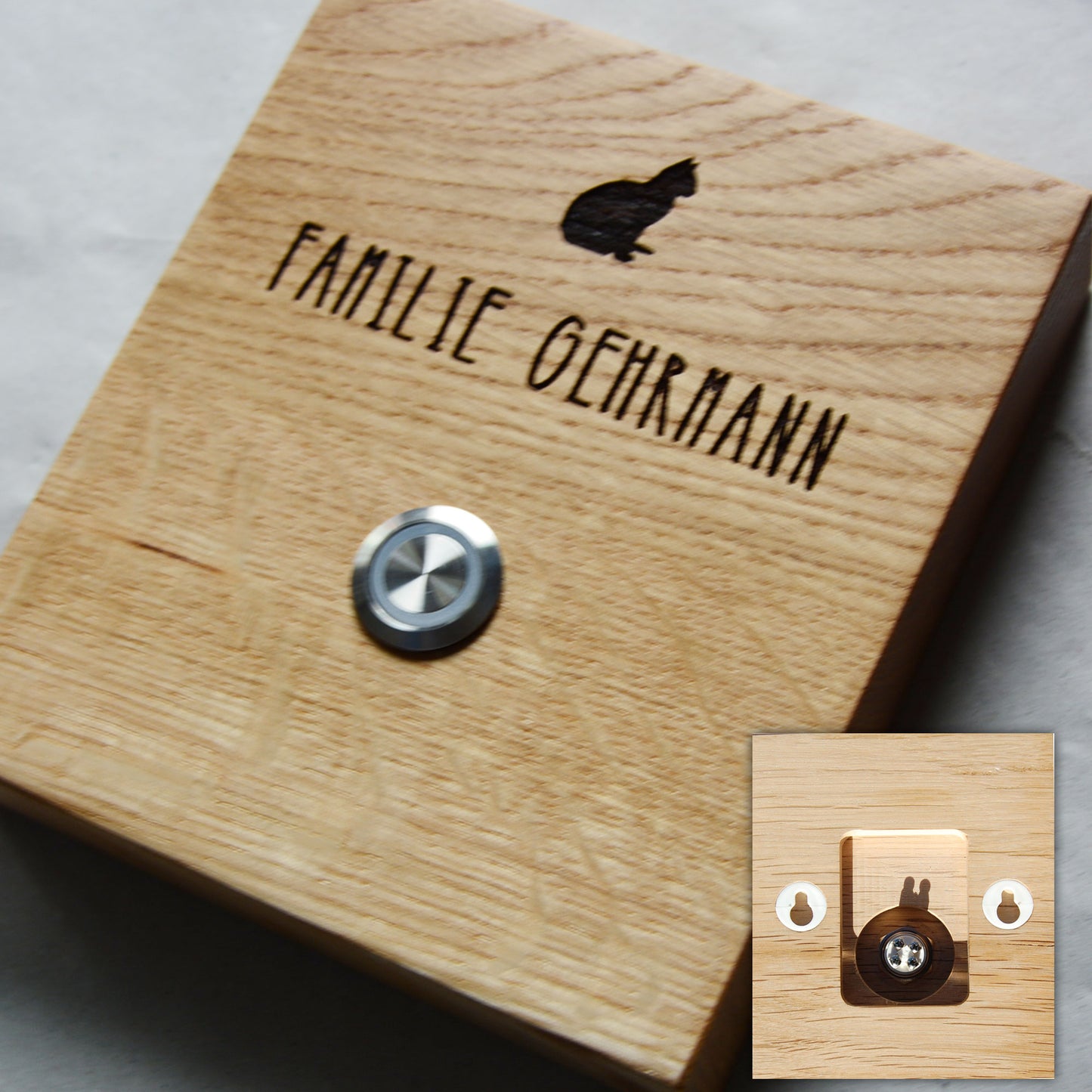Holz Klingelschild aus EICHE - Motiv HAUSTIER - Jeske Design