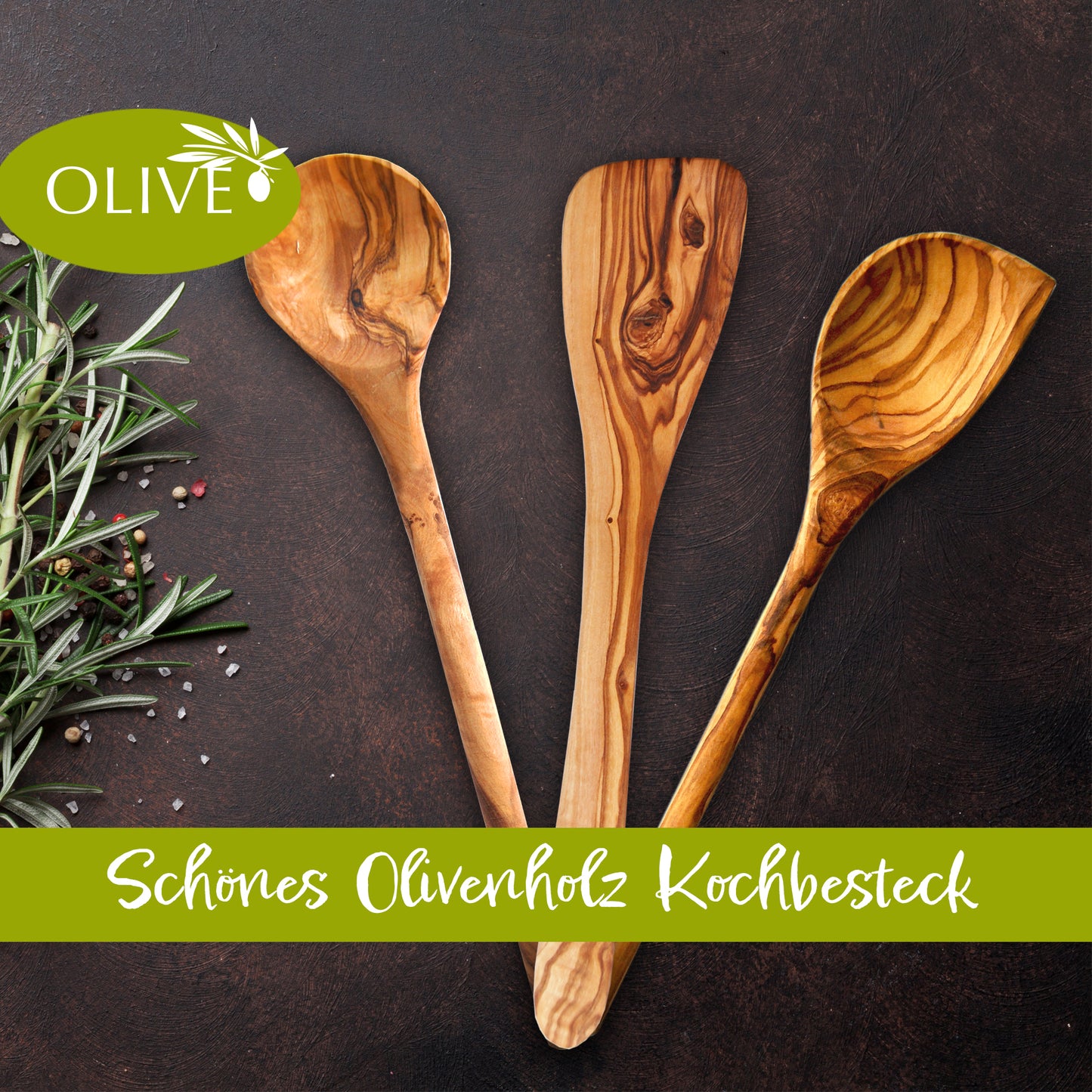 Küchenhelfer-Set Kochlöffel mit Ecke Pfannenwender 3tlg aus Olivenholz - Jeske Design