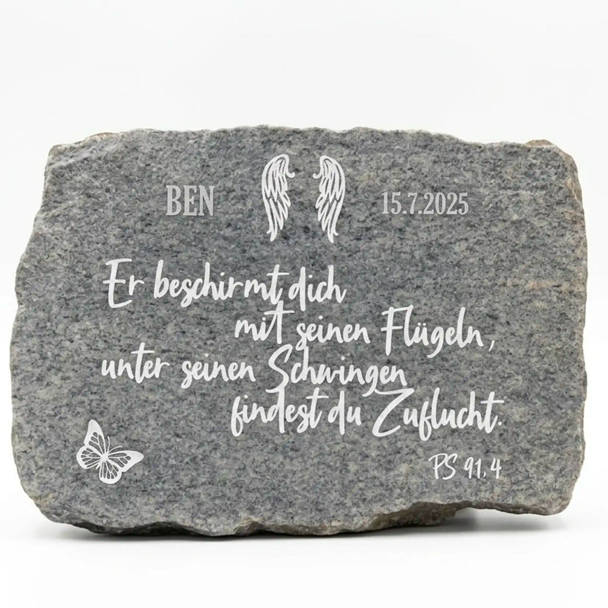 Grab-Gedenkstein als Grabschmuck oder Grabbeilage mit Gravurmotiv Psalm und Flügel