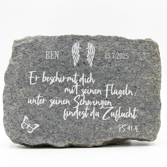 Grab-Gedenkstein als Grabschmuck oder Grabbeilage mit Gravurmotiv Psalm und Flügel