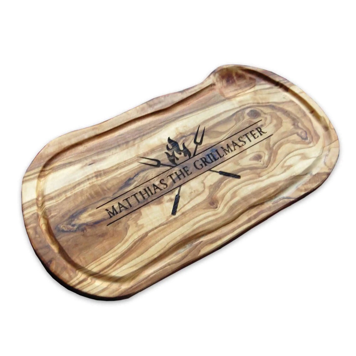 Motiv THE GRILLMASTER - Mediterranes Schneide- und Tranchierbrett aus Olivenholz mit Saftrille und personalisierten Gravurmotiv - Jeske Design