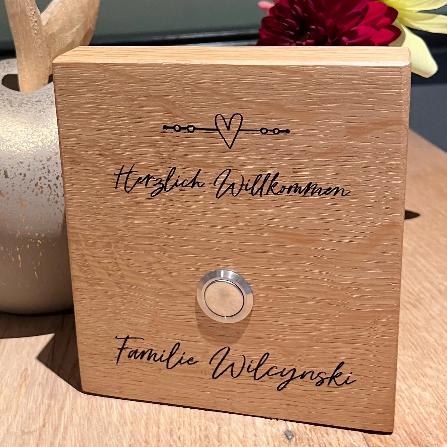 Holz Klingelschild aus Eiche - Motiv ROSENAU - Jeske Design
