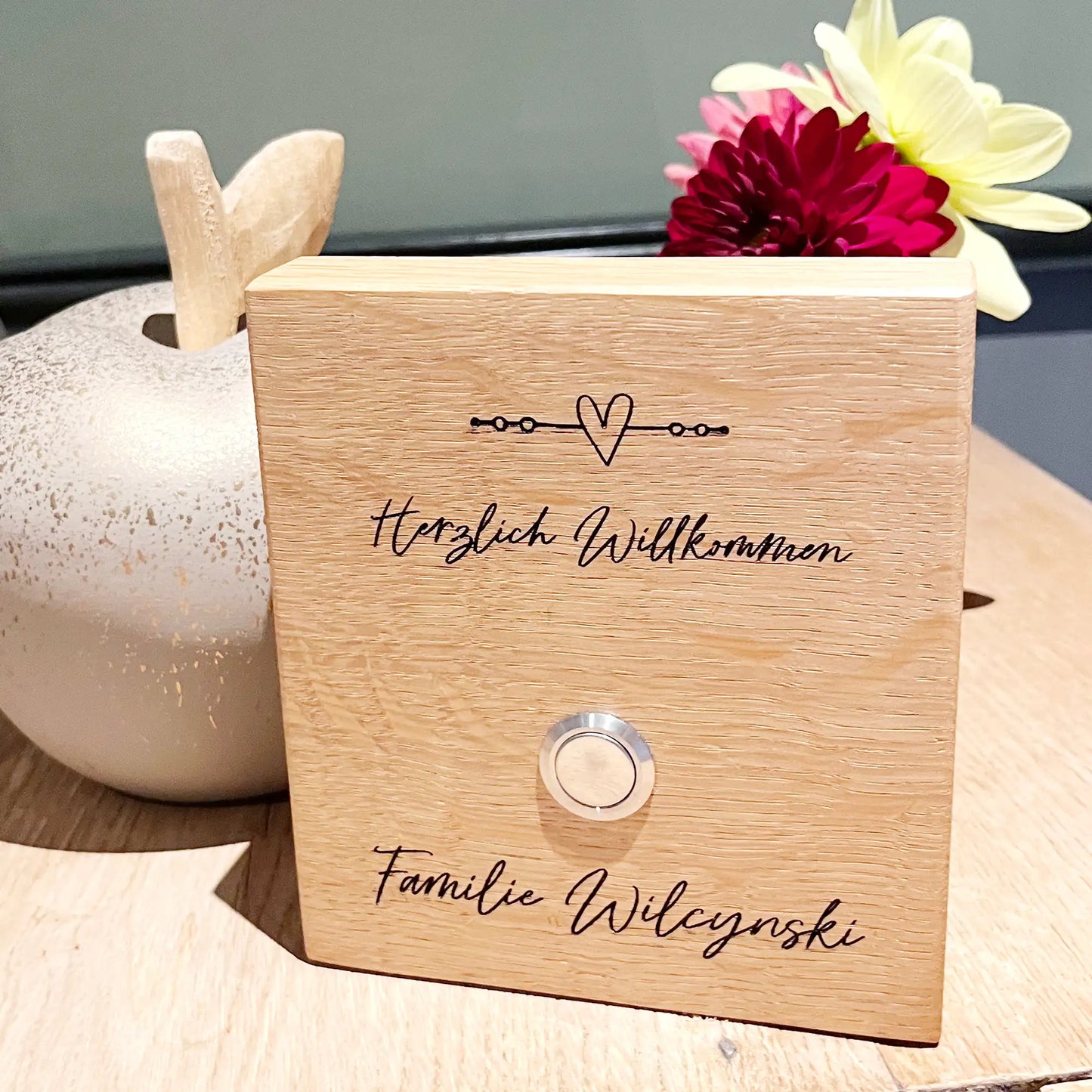 Holz Klingelschild aus Eiche - Motiv ROSENAU - Jeske Design