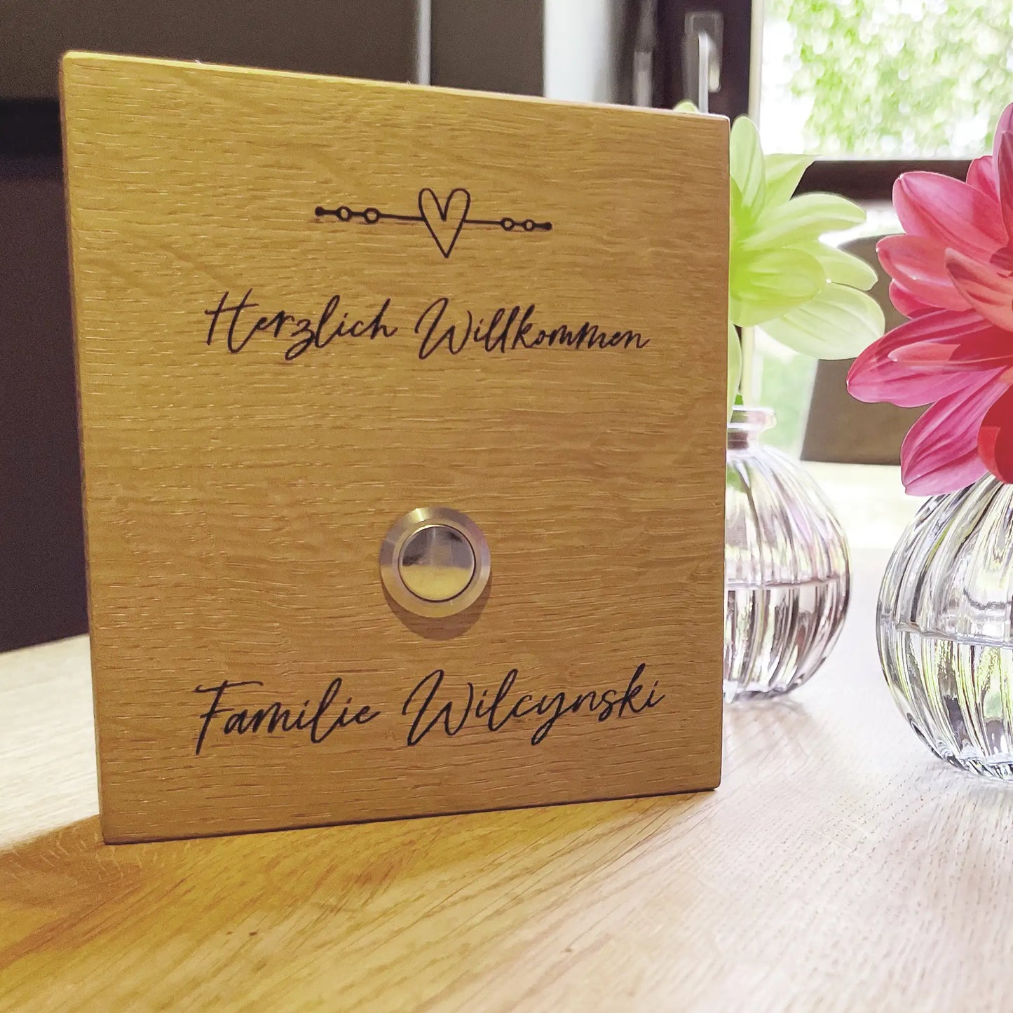 Holz Klingelschild aus Eiche - Motiv ROSENAU - Jeske Design