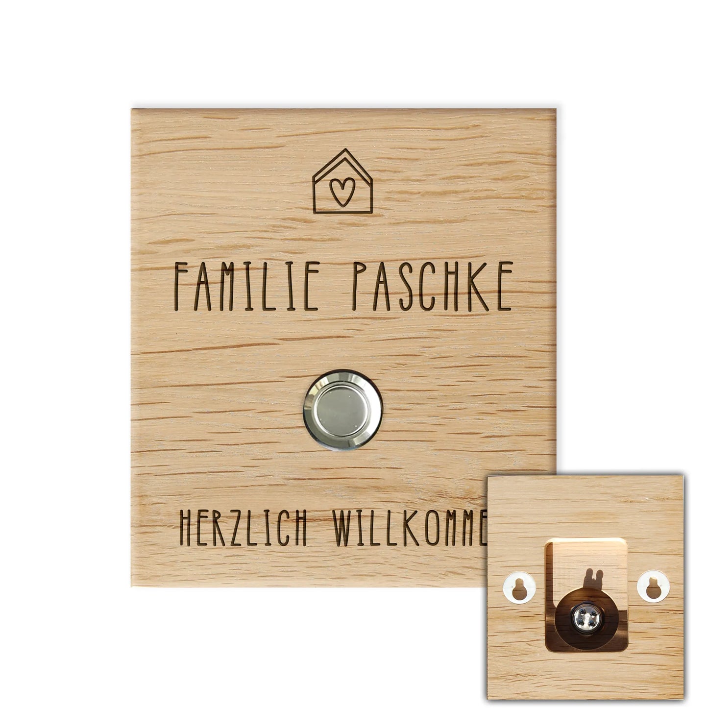 Holz Klingelschild aus Eiche - Motiv HERZ UND HAUS - Jeske Design