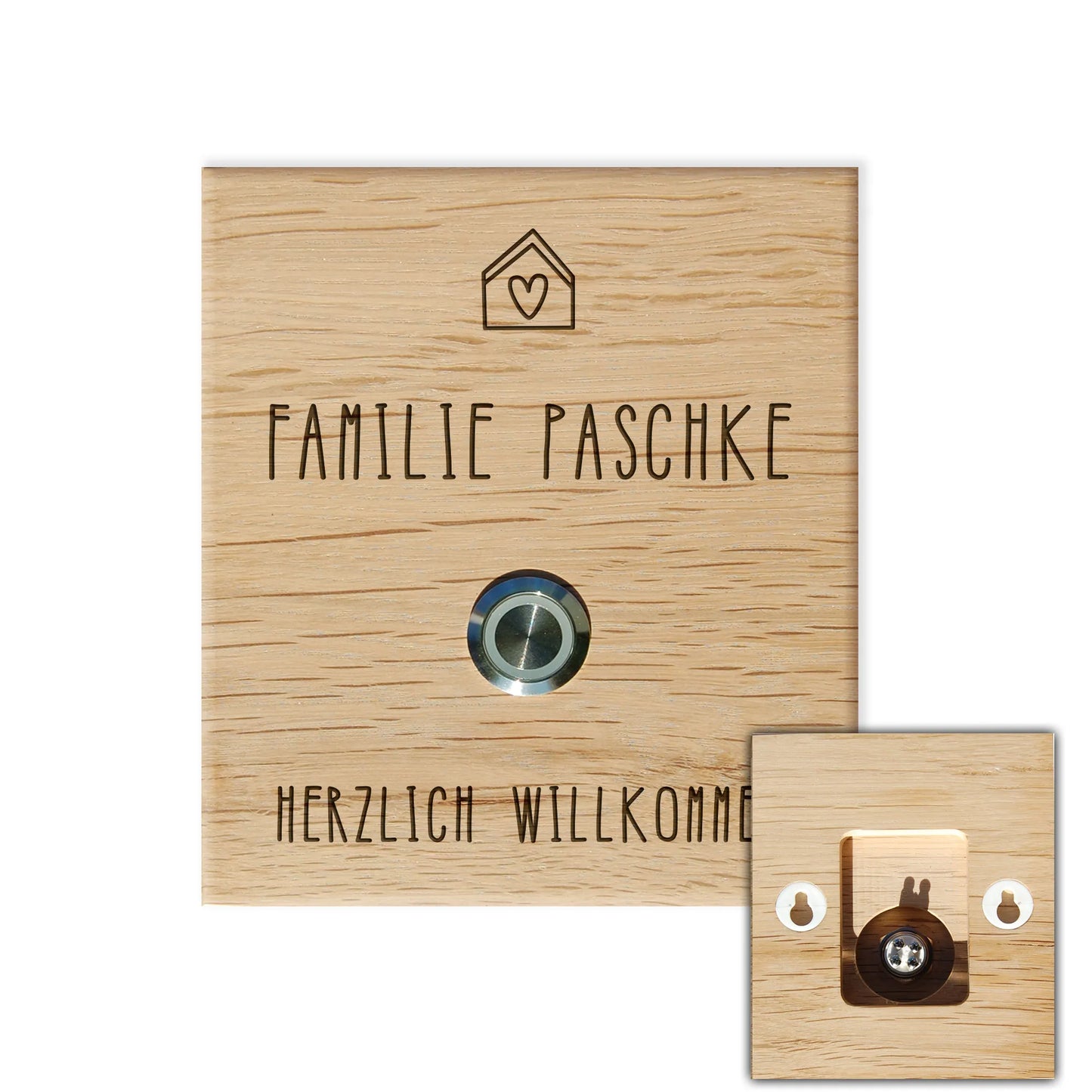 Holz Klingelschild aus Eiche - Motiv HERZ UND HAUS - Jeske Design