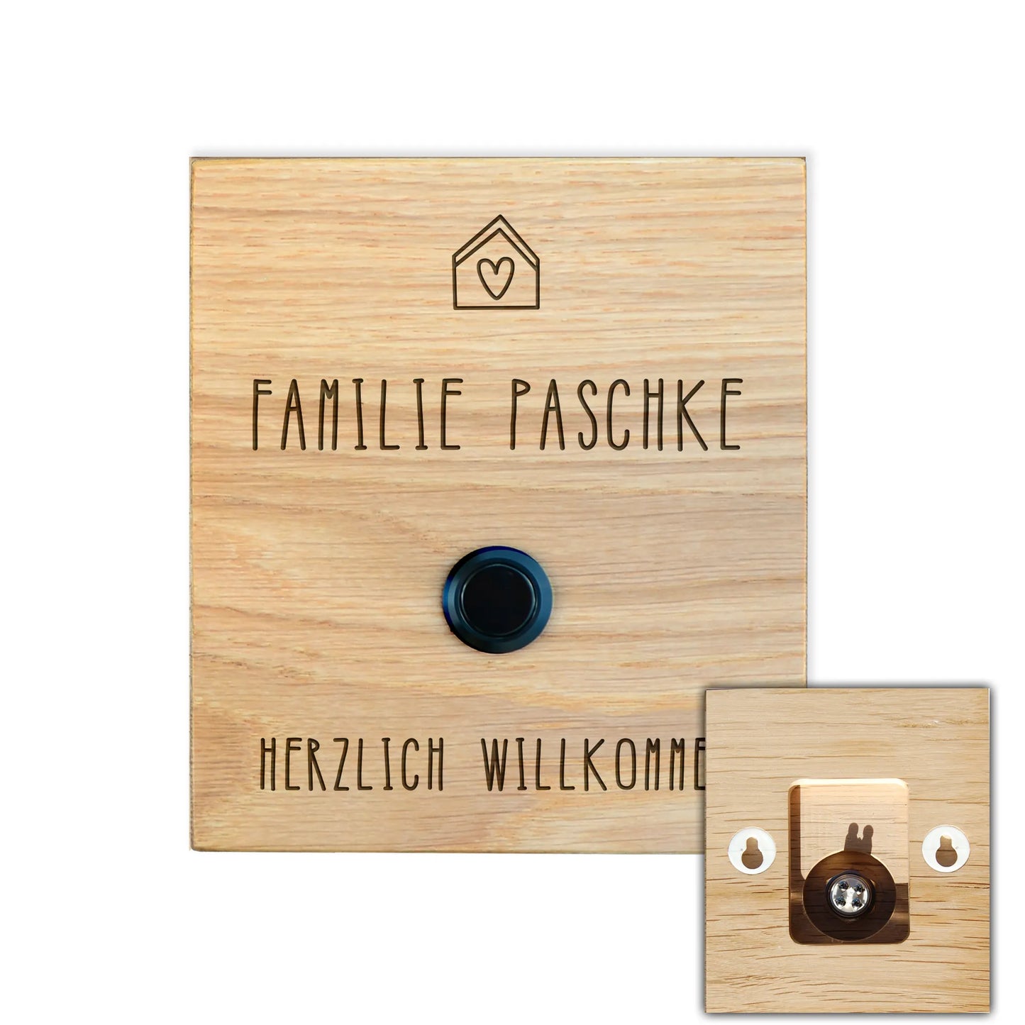 Holz Klingelschild aus Eiche - Motiv HERZ UND HAUS - Jeske Design
