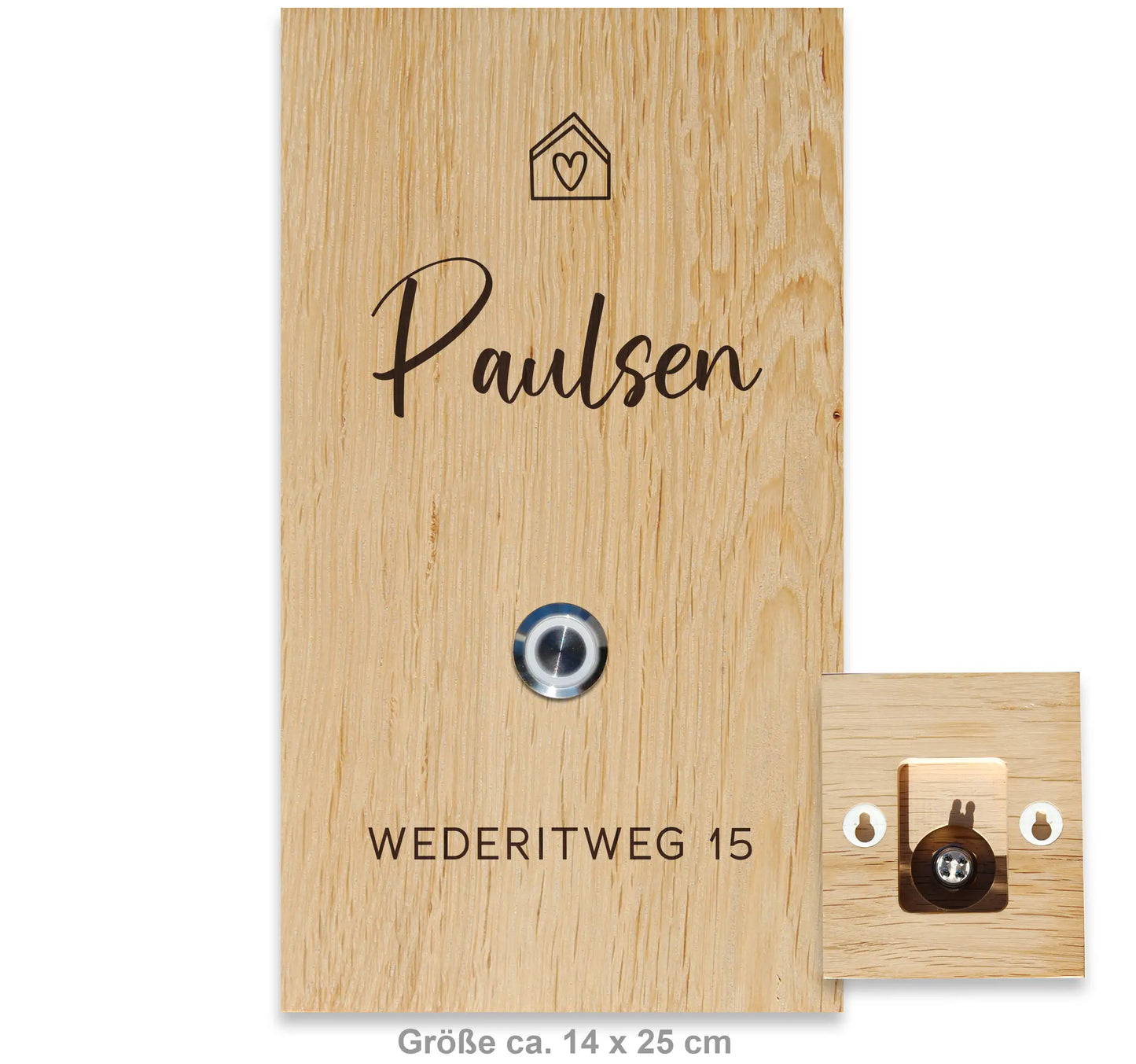 Stilvolles Klingelschild aus massivem Eichenholz mit persönlicher Gravur des Familiennamens, der Adresse oder Vornmane und einem Haus-Symbol sowie einem runden Edelstahl-Taster matt, LED-Edelstahl-Taster oder schwarzem Aluminium-Taster