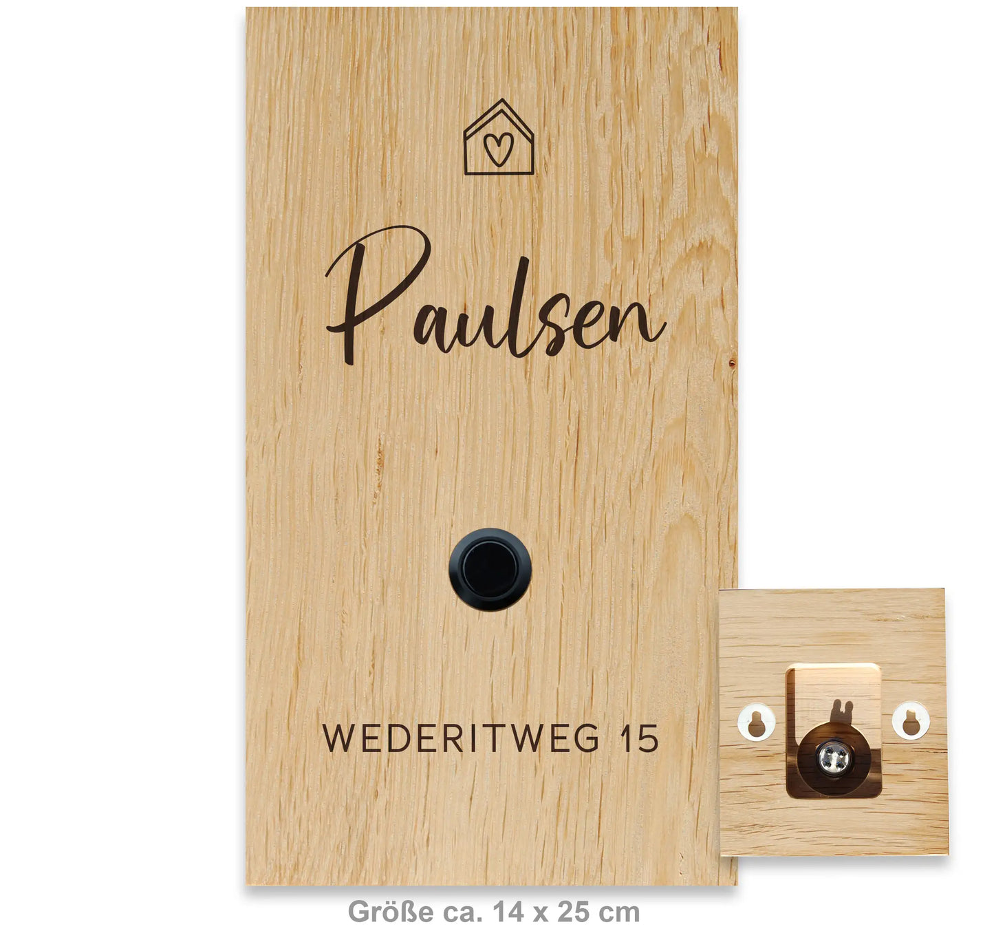 Stilvolles Klingelschild aus massivem Eichenholz mit persönlicher Gravur des Familiennamens, der Adresse oder Vornmane und einem Haus-Symbol sowie einem runden Edelstahl-Taster matt, LED-Edelstahl-Taster oder schwarzem Aluminium-Taster