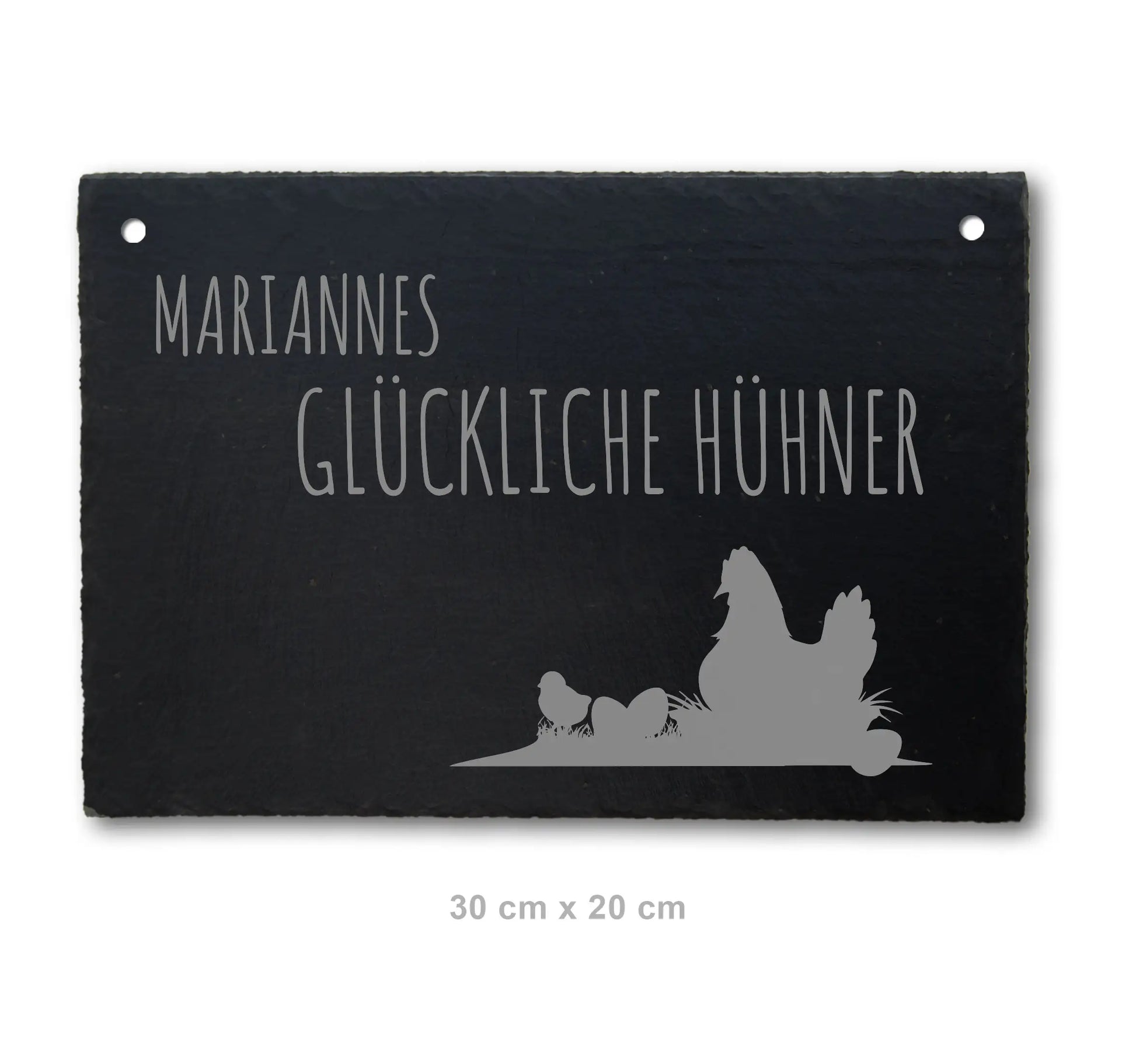 Wetterfestes Schieferschild Glückliche Hühner für den Hühnerstall personalisiert mit Namen mit 2-Loch-oben zur Befestigung