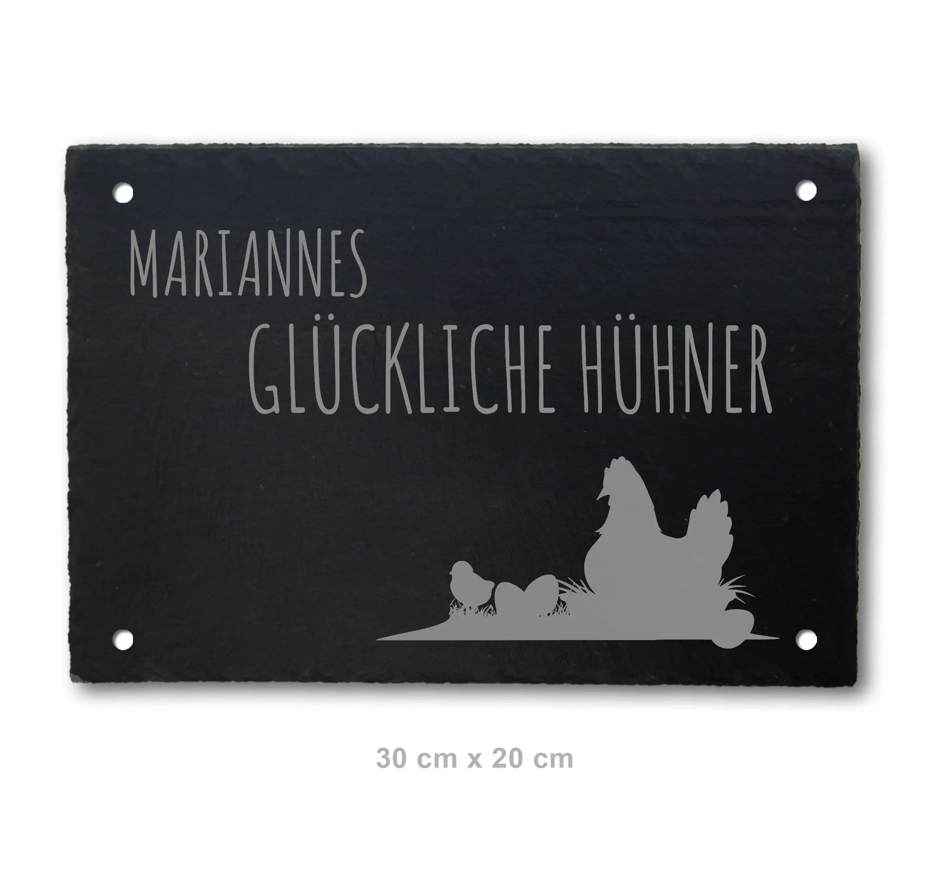 Wetterfestes Schieferschild Glückliche Hühner für den Hühnerstall personalisiert mit Namen für 4-Loch-Ecke zur Befestigung