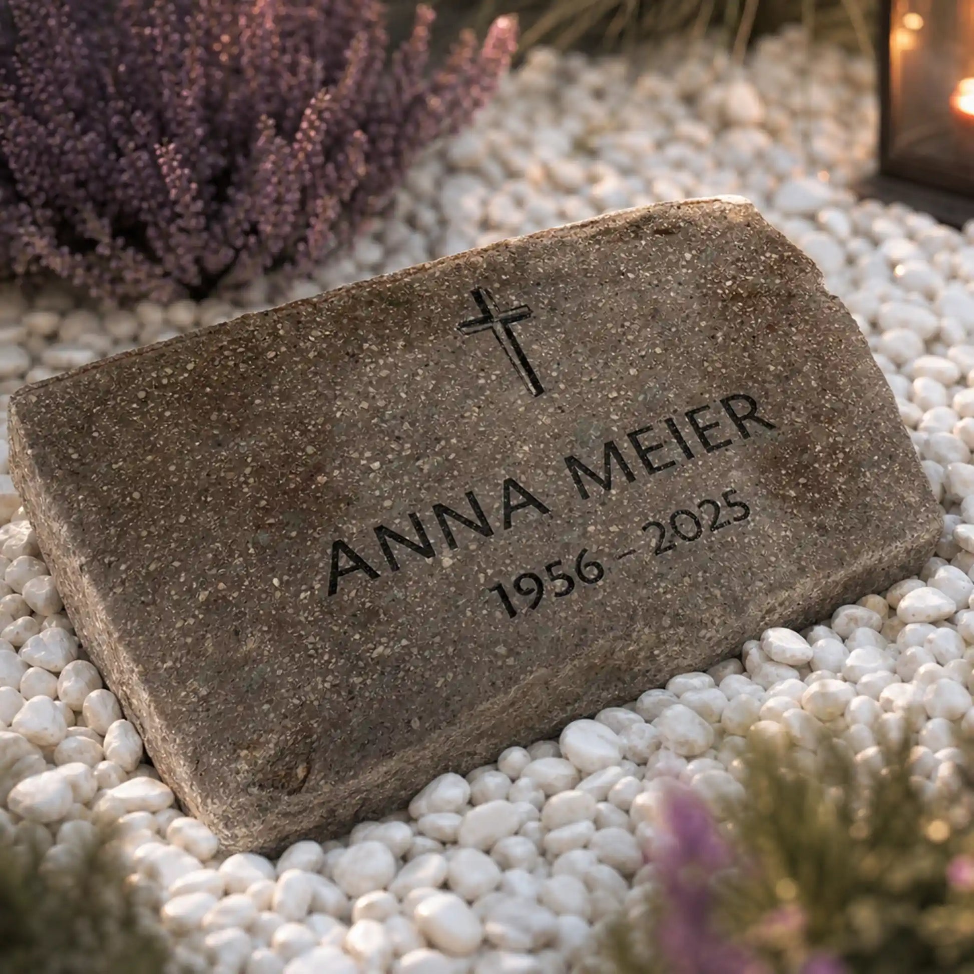 Grab- & Gedenkstein aus geschnittenen Granit mit Namen und Kreuz Motiv NSB-27 auf weißem Kiesel und Heidekraut