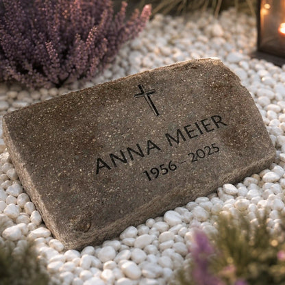 Grab- & Gedenkstein aus geschnittenen Granit mit Namen und Kreuz Motiv NSB-27 auf weißem Kiesel und Heidekraut