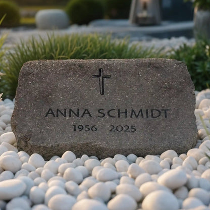 Grab- & Gedenkstein aus geschnittenen Granit mit Namen und Kreuz Motiv NSB-27 auf weißem Kiesel und Ziergras