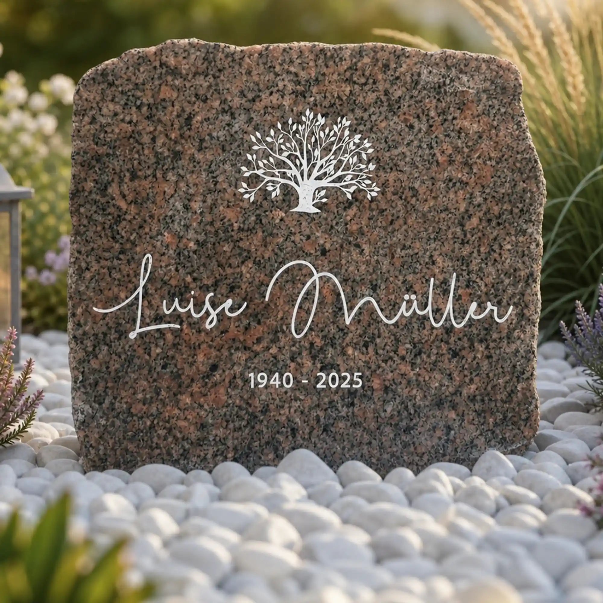 Gedenkstein aus Granit mit Gravur Motiv Lebensbaum, Name in Handschrift & Lebensdaten umgeben on weißen Kieseln