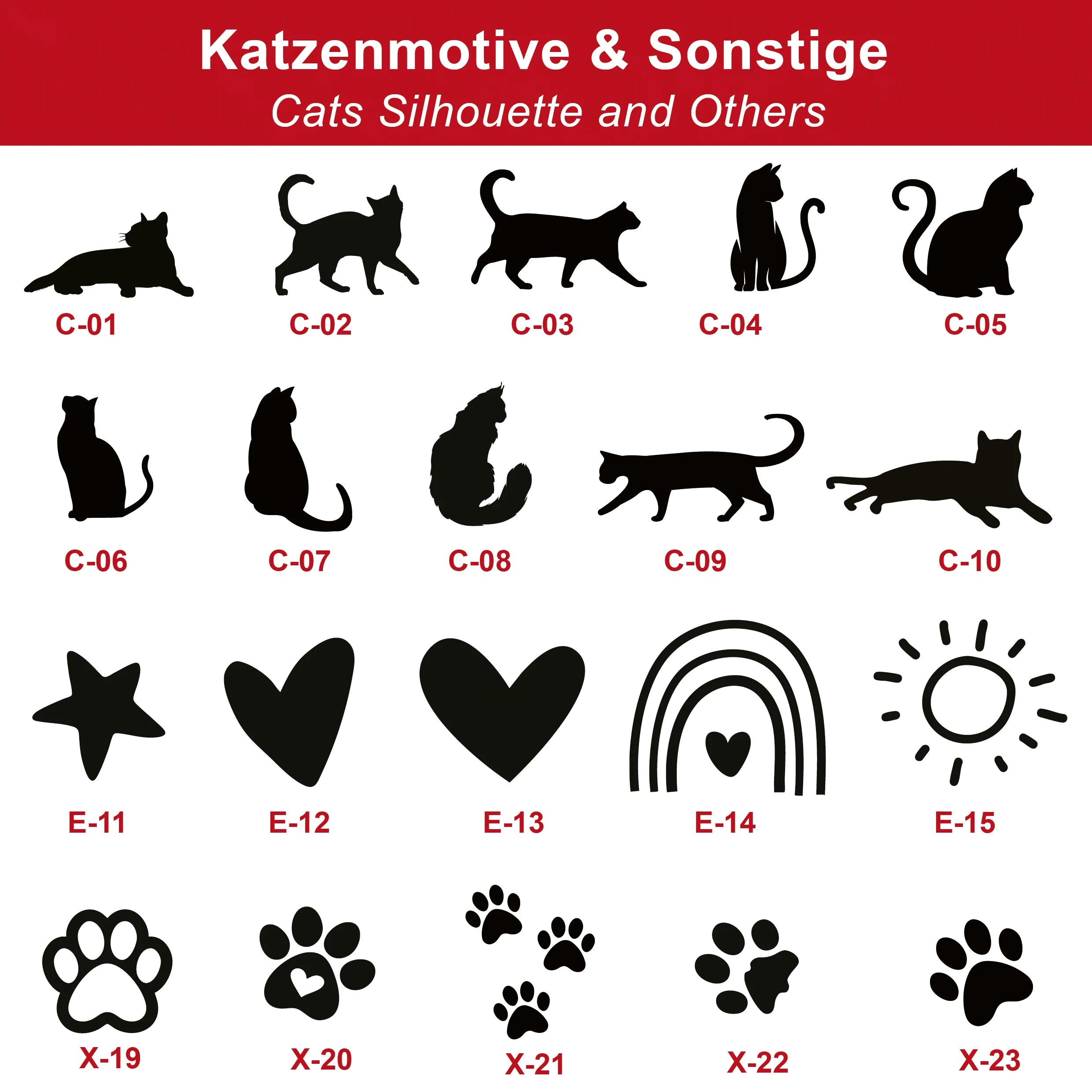 Katzenmotive und Symbole zur Auswahl für die Bestellung eines Natursteins als Tiergrab. Das Motiv kann zusammengesetzt werden aus dem Wunschtext mit Wahlschrift und Wahlmotives