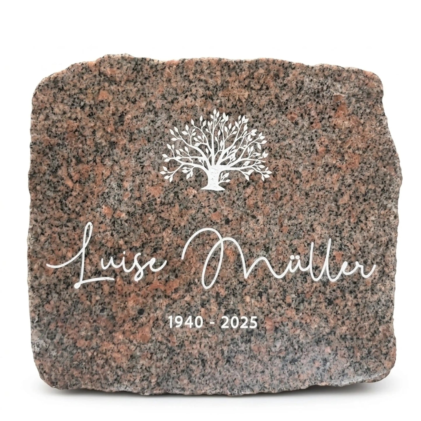 Gedenkstein aus Granit mit Lebensbaum-Gravur, Name in Handschrift & Lebensdaten