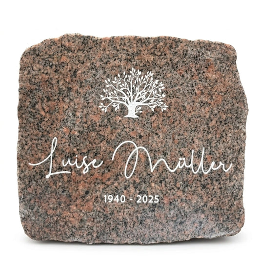 Gedenkstein aus Granit mit Lebensbaum-Gravur, Name in Handschrift & Lebensdaten