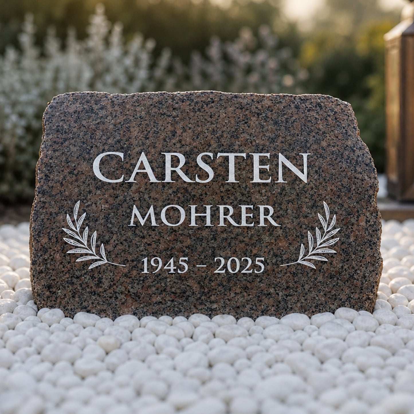 Gedenkstein aus rotem Granit mit Namen, Lebensdaten und Olivenweigen als Grabschmuck
