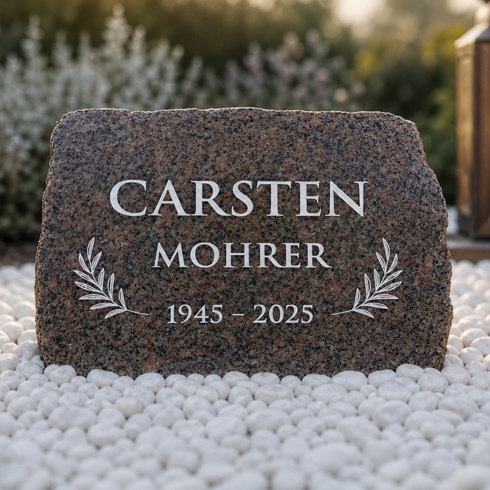 Gedenkstein aus rotem Granit mit Namen, Lebensdaten und Olivenweigen als Grabschmuck