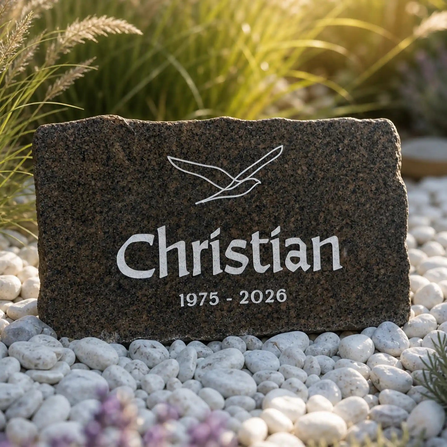 Gedenkstein mit personalisierter Gravur und Möwe Motiv NSB-30 für Grabgestaltung 