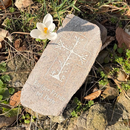 Grabschmuck Granit mit Kreuz und Lebensbaum, Gedenkstein christlich mit Trauerspruch