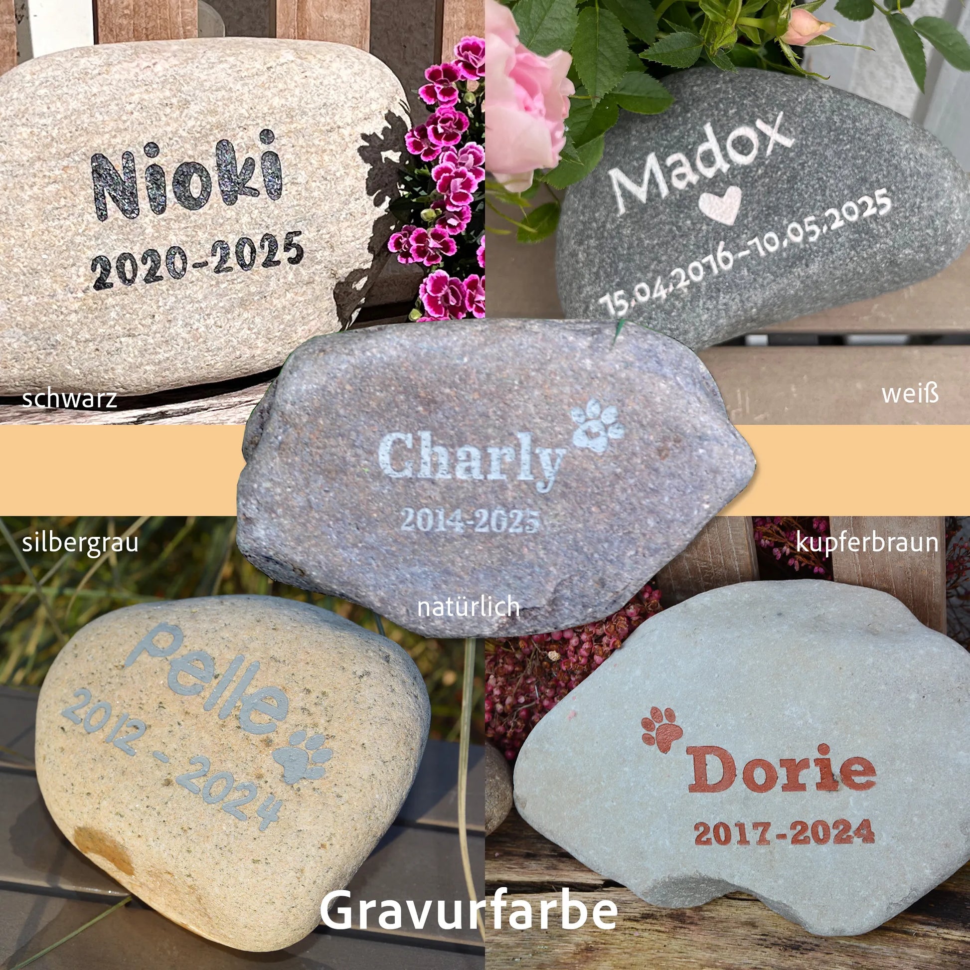 Es werden verschiedene Narturstein Findlinge mit unterschiedlichen Gravuren für das verstorbene Haustier gezeigt. Die Steine zeigen verschiedene eingefärbte Gravuren im Stein. Farbauswahl ist naturfarben, weiß, schwarz, silbergrau und kupferbraun. Die Farben sind wasserfest und UV-beständig.