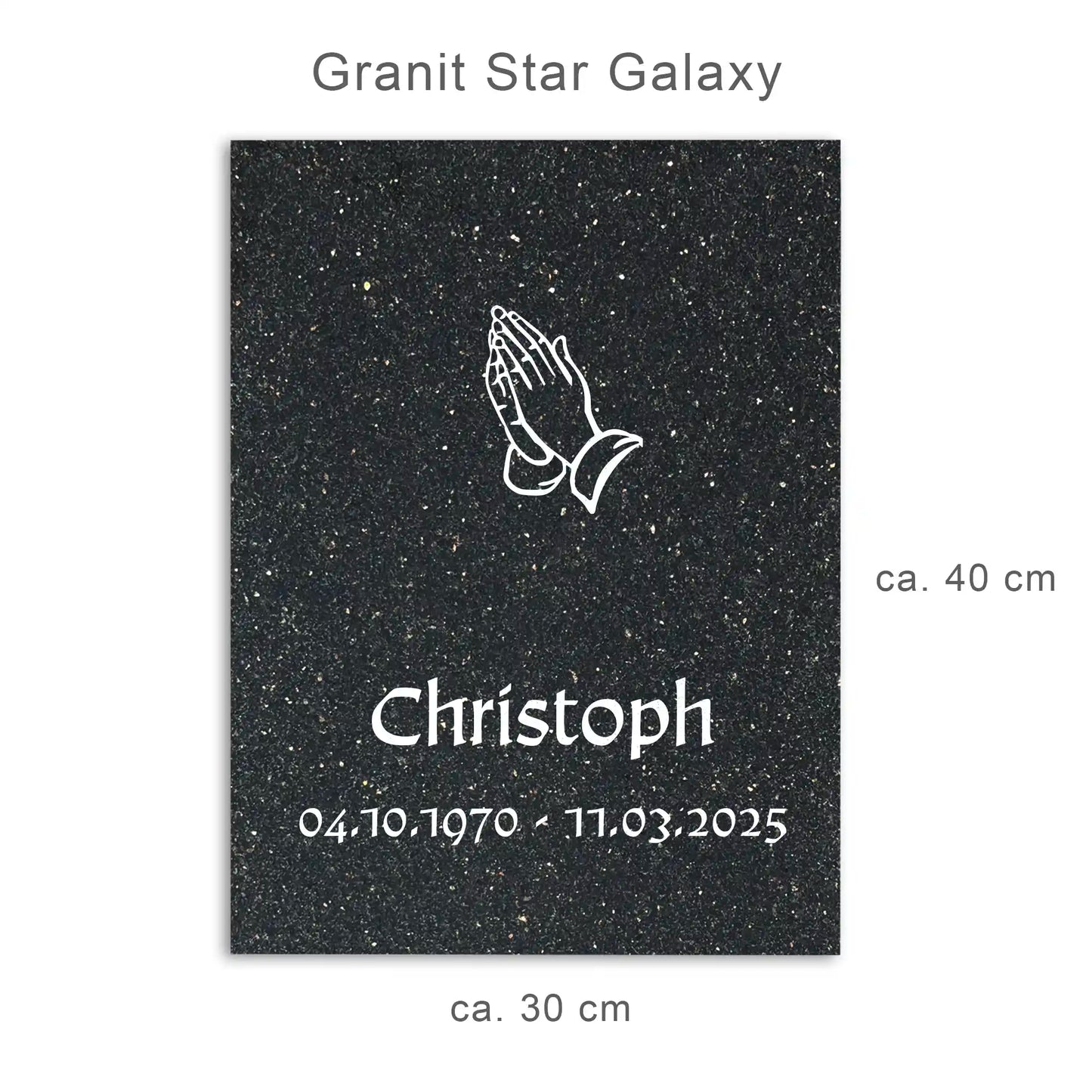 Urnengrabplatte 30 x 40 cm aus schwarzem Granit mit Gravur in weiß