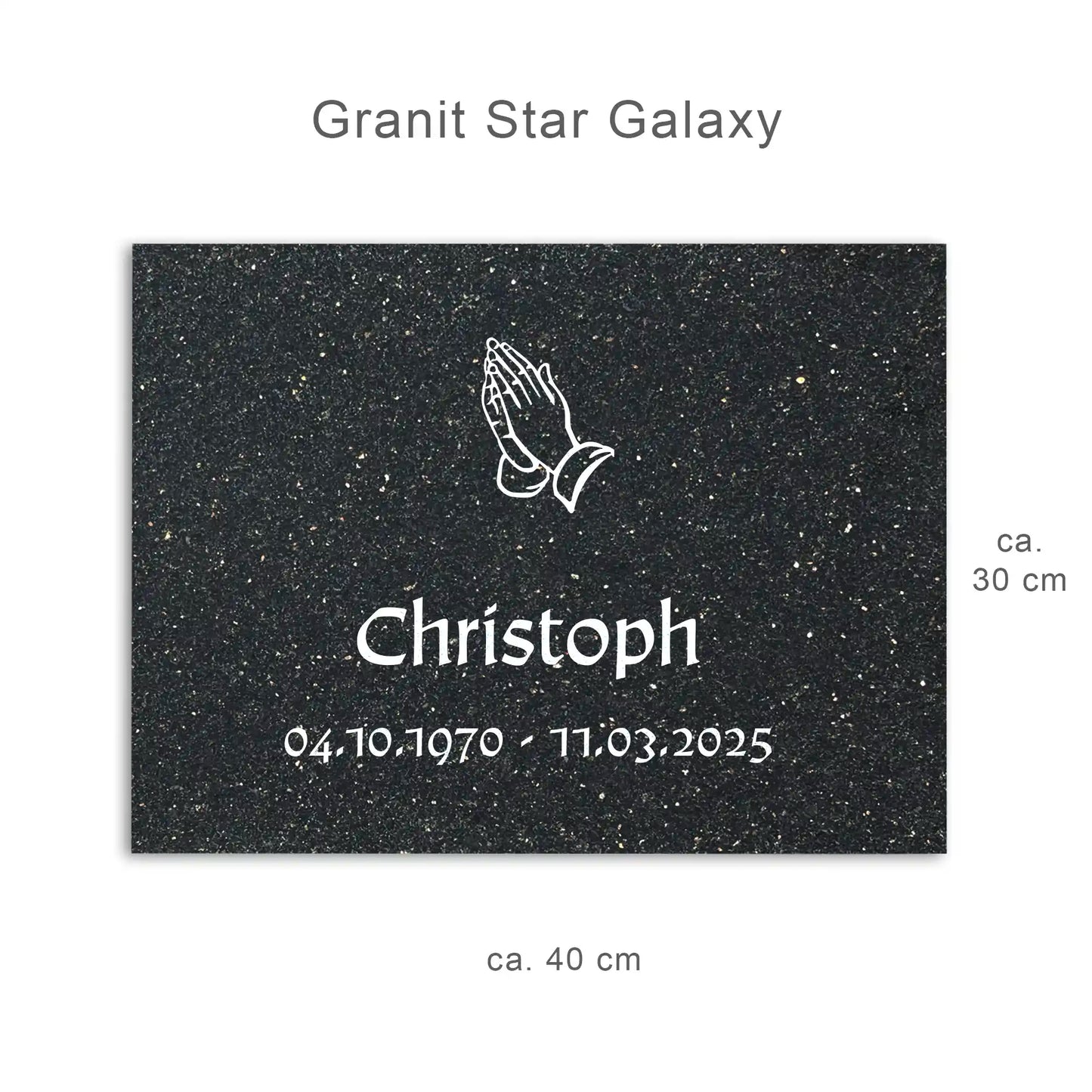 Urnengrabplatte 40 x 30 cm aus schwarzem Granit mit Gravur in weiß