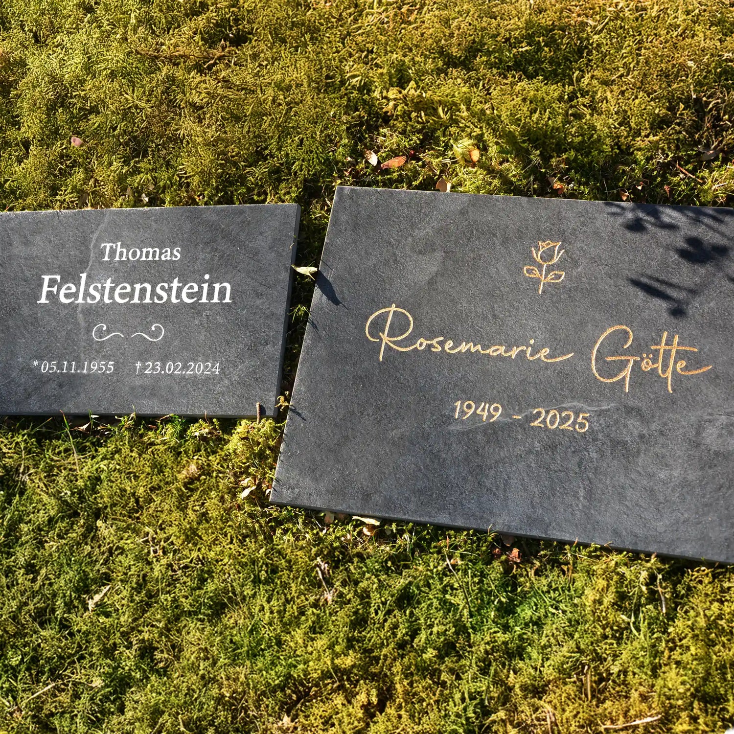 Muster-Grabplatten für Urnengrab in der Größe 40x30 (rechts) und 30 x 20 cm (links)