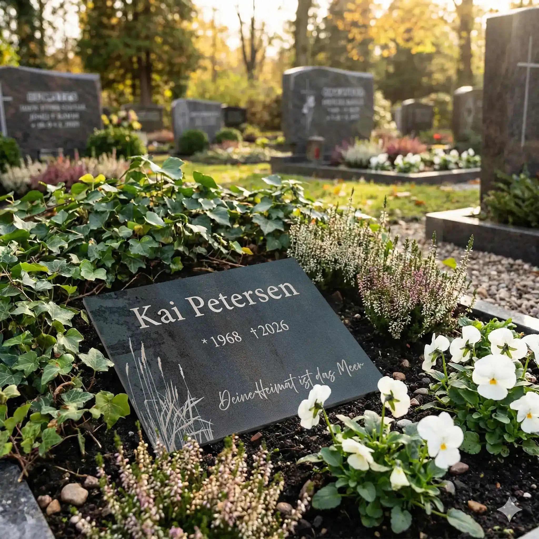 Seitenansicht der Urnengrabplatte aus Keramik mit Strandgrasmotiv und Namen, Lebensdaten und Zitat