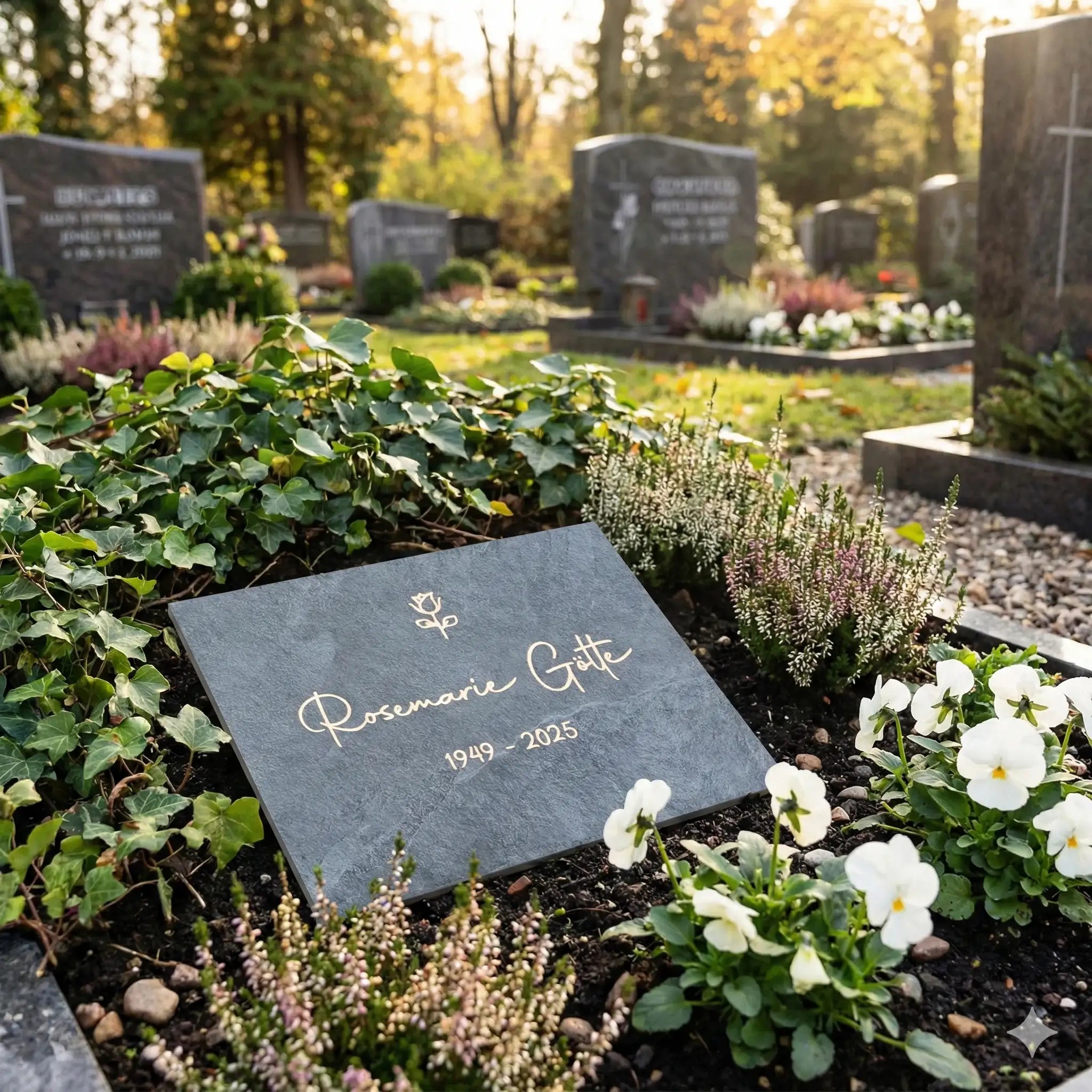 Kleine Urnengrabplatte aus Keramik mit Betonsockel