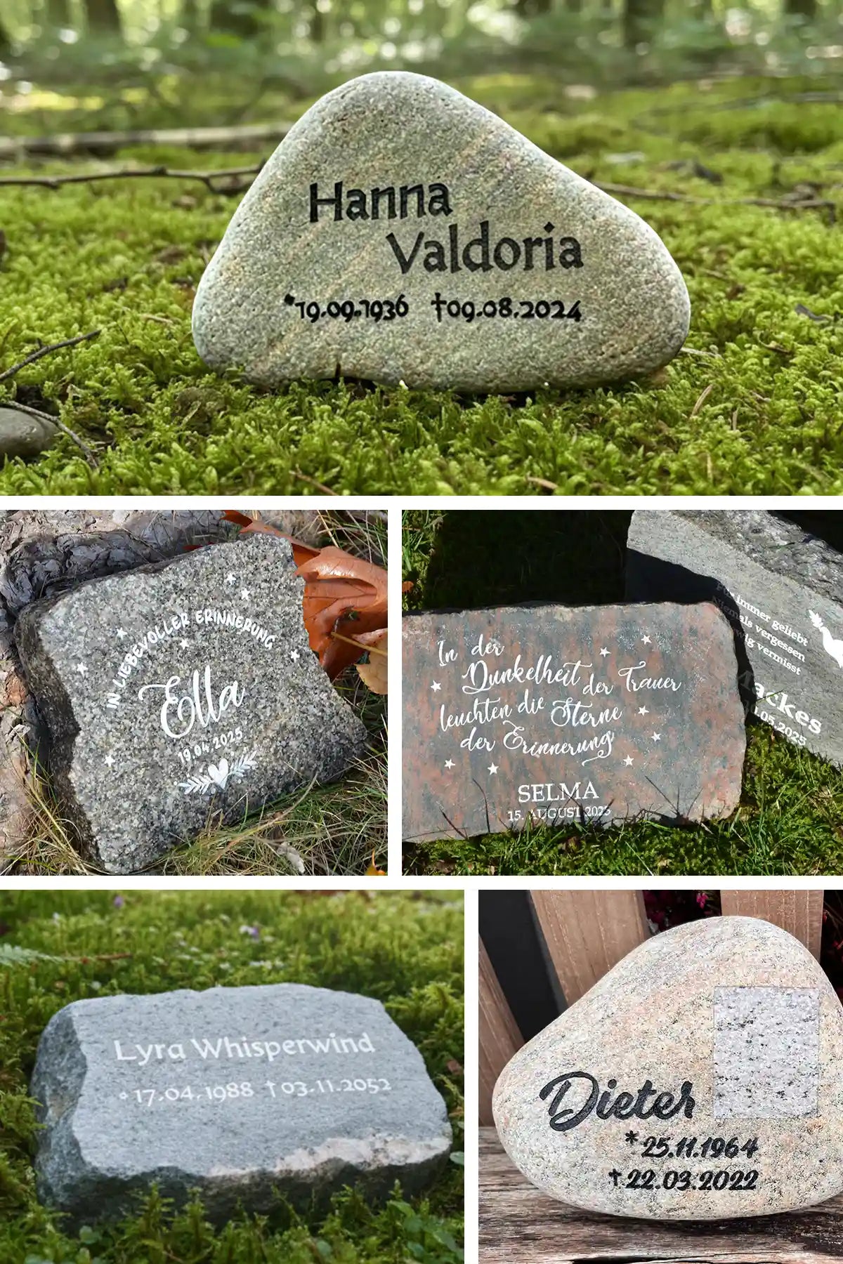 Verschiedene Natursteine als kleine Grabsteine für Menschen