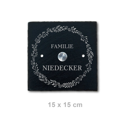 Personalisierbares Klingelschild aus Schiefer - Motiv KRANZ - Jeske Design