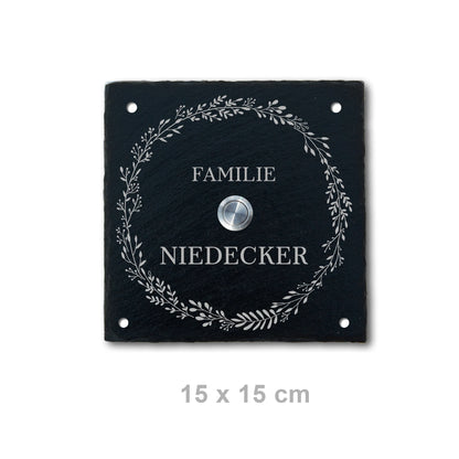 Personalisierbares Klingelschild aus Schiefer - Motiv KRANZ - Jeske Design