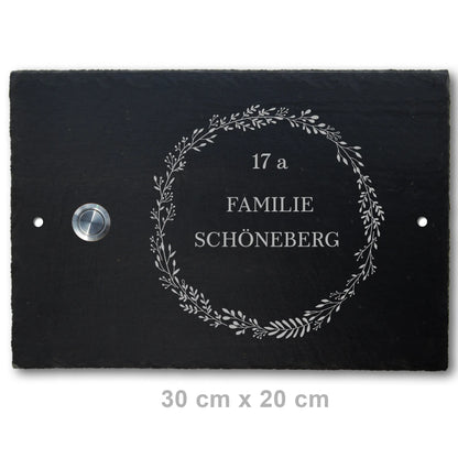 Personalisierbares Klingelschild aus Schiefer - Motiv KRANZ - Jeske Design
