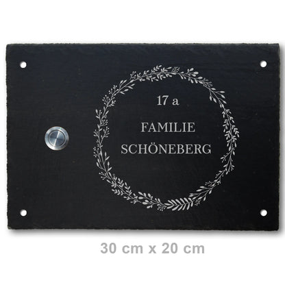 Personalisierbares Klingelschild aus Schiefer - Motiv KRANZ - Jeske Design
