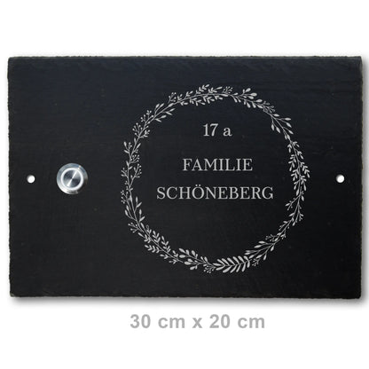 Personalisierbares Klingelschild aus Schiefer - Motiv KRANZ - Jeske Design