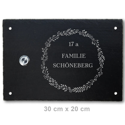Personalisierbares Klingelschild aus Schiefer - Motiv KRANZ - Jeske Design