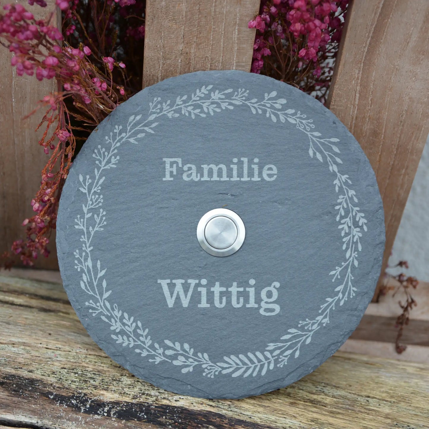 Personalisierbares Klingelschild aus Schiefer - Motiv KRANZ - Jeske Design