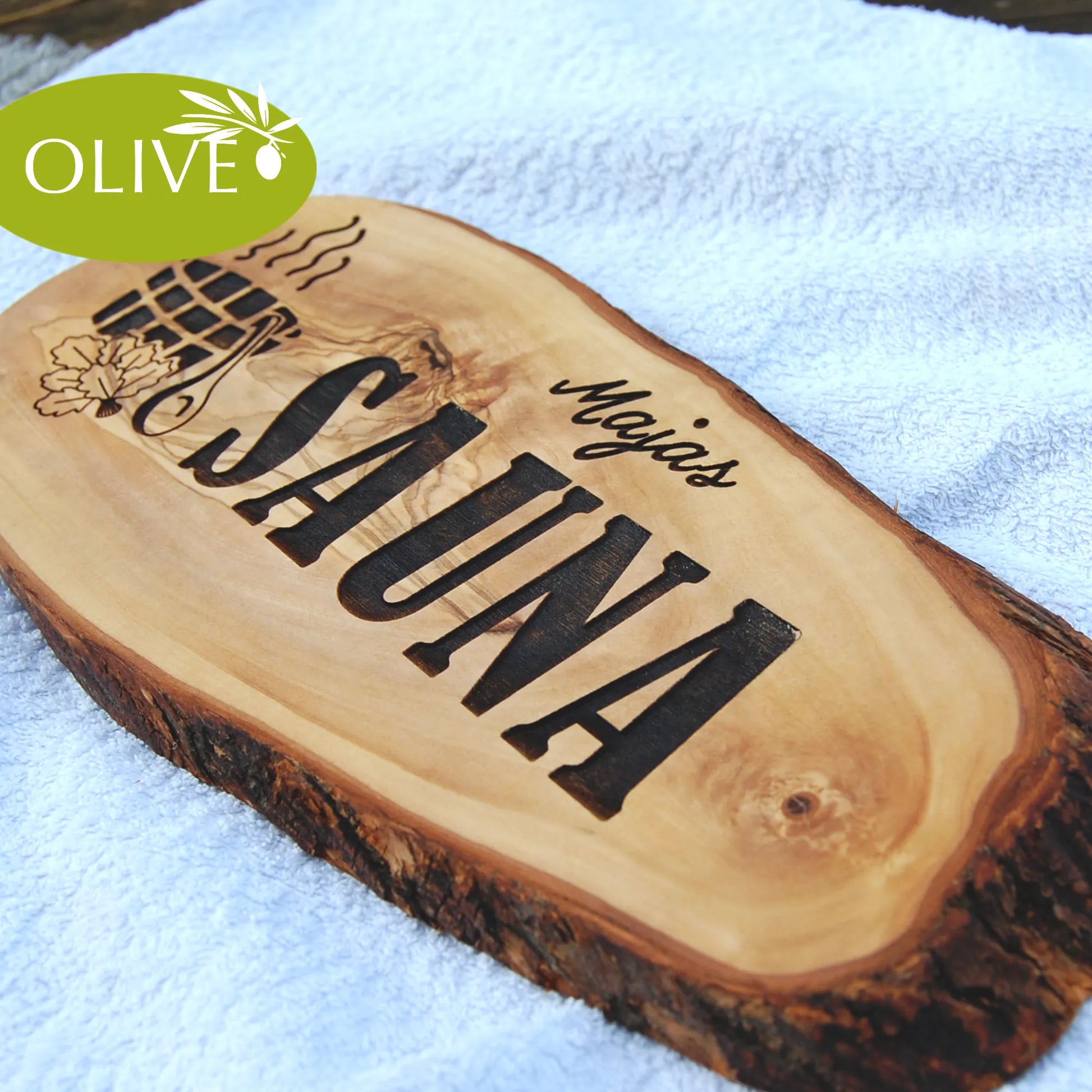 SAUNA - personalisiertes Olivenholzschild - Jeske Design