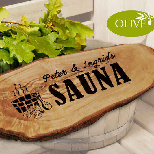 SAUNA - personalisiertes Olivenholzschild - Jeske Design