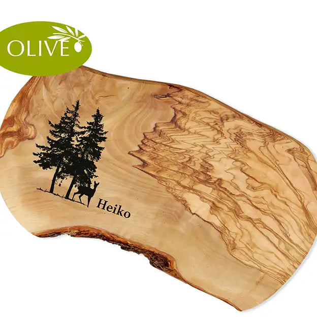 Glattes Schneidebrett & Frühstücksbrett mit rustikalem Naturrand mit dem Gravurmotiv MEIN FREUND DER WALD mit personalisierten Namen und oder Datum als Geschenkidee für Jäger Förster Naturfreunde Waldbesitzer