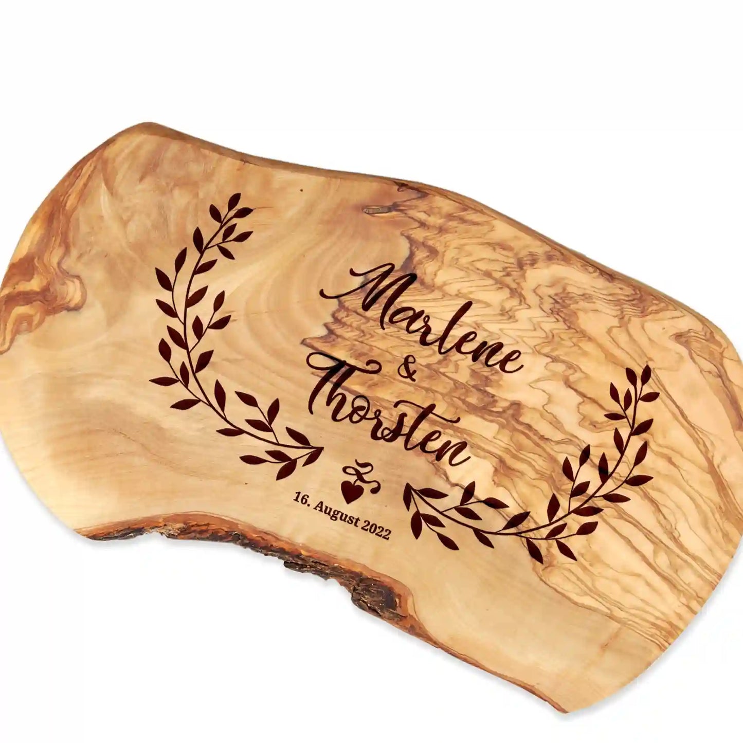 Personalisiertes Olivenholzbrett mit glatter Schneidefläche und Motiv "Herzreigen" mit Paarnamen und Hochzeitsdatum