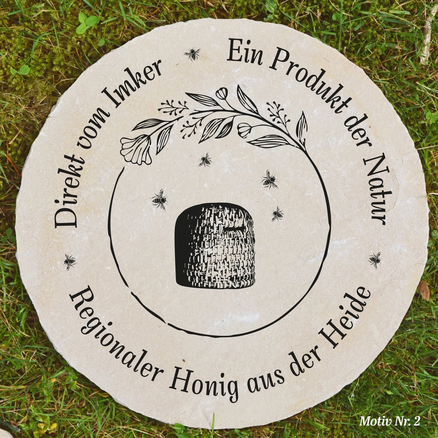 Imkerei-Schild aus Sandstein ø 30 cm – personalisiertes Bienenhonigmotiv - Jeske Design