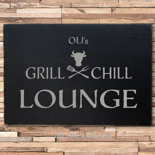 GRILL & CHILL LOUNGE - Personalisiertes Schieferschild für die BBQ-Lounge - Jeske Design